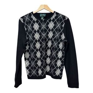 Lauren Ralph Lauren preppy black plaid sweater 100% lambs wool size medium